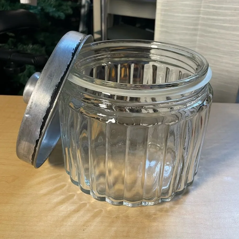 Ribbed Glass Jar with Rustic Metal Lid - Clear & Silver